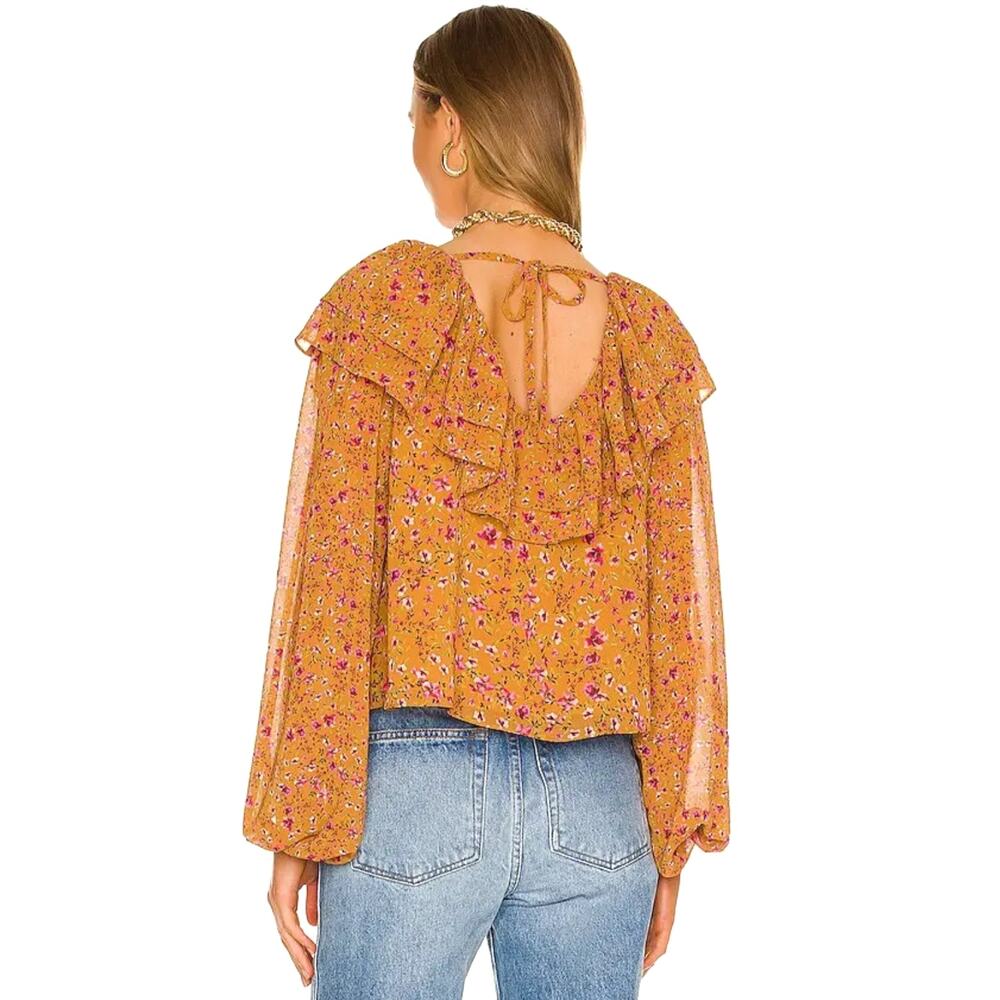 Tularosa Orion Top Peasant‎ Blouse Floral Yellow Long SleeveSz S Ruffle - Picture 3 of 11